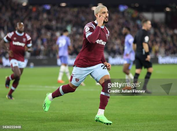 Said Benrahma of West Ham United celebrates after scoring their side's second goal during the Premier League match between West Ham United and AFC...