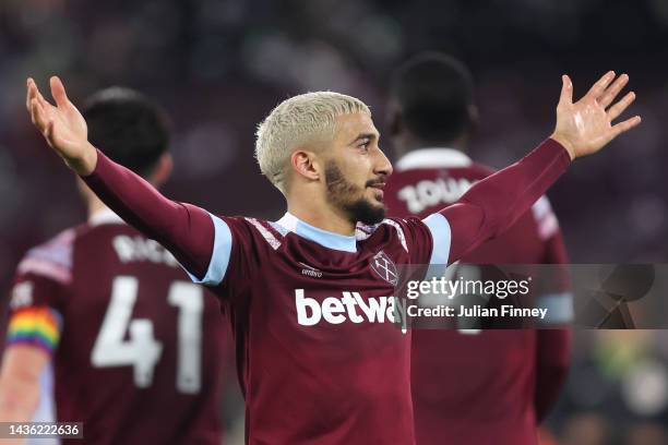 Said Benrahma of West Ham United celebrates after scoring their side's second goal during the Premier League match between West Ham United and AFC...