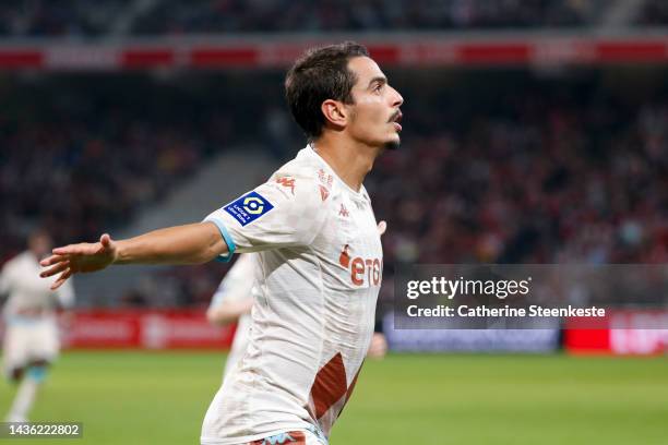 Wissam Ben Yedder of AS Monaco celebrates his goal during the Ligue 1 match between Lille OSC and AS Monaco at Stade Pierre-Mauroy on October 23,...