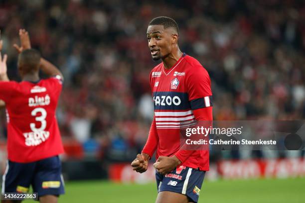 Alexsandro Victor De Souza Ribeiro of Lille OSC celebrates the victory of the Ligue 1 match between Lille OSC and AS Monaco at Stade Pierre-Mauroy on...