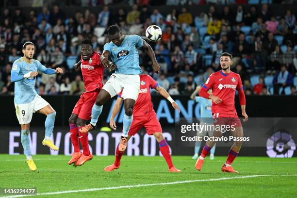 Joseph Aidoo of Celta Vigo scores their side's first goal during the LaLiga Santander match between RC Celta and Getafe CF at Estadio Balaidos on...