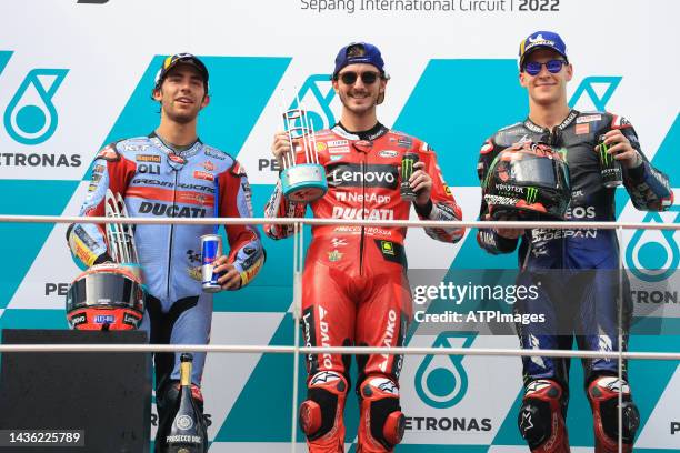 Francesco Bagnaia of Italy and Ducati Lenovo Team, Enea Bastianini of Italy and Gresini Racing MotoGP and Fabio Quartararo of France and Monster...