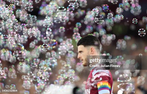 Declan Rice of West Ham enters the pitch during the Premier League match between West Ham United and AFC Bournemouth at London Stadium on October 24,...