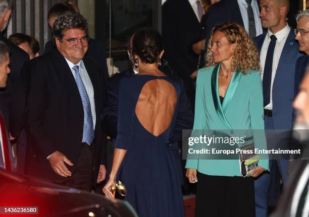 Queen Letizia leaves the Teatro Real and says goodbye to Miquel Iceta after attending the premiere of the opera "Aida" during the inauguration of the...
