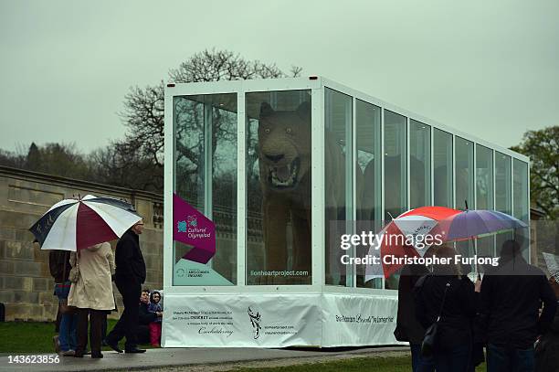 Visitors to Chatsworth House view the Lion Heart Project by artist Shauna Richardson, a giant crochet sculpture of three lions on May 1, 2012 in...