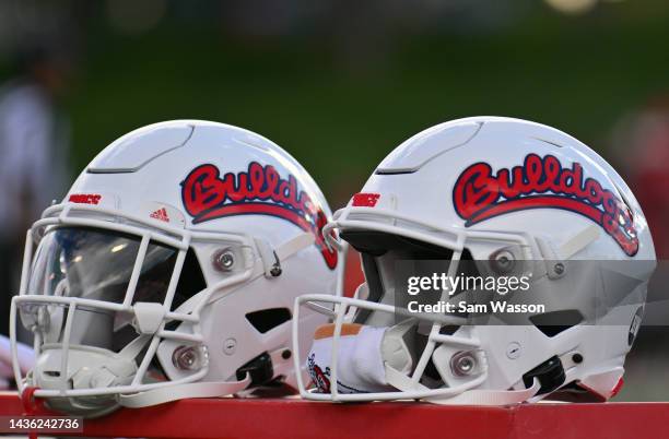 Pair of Fresno State Bulldogs helmets are placed on the sidelines during the first half of a game between the Fresno State Bulldogs and the New...