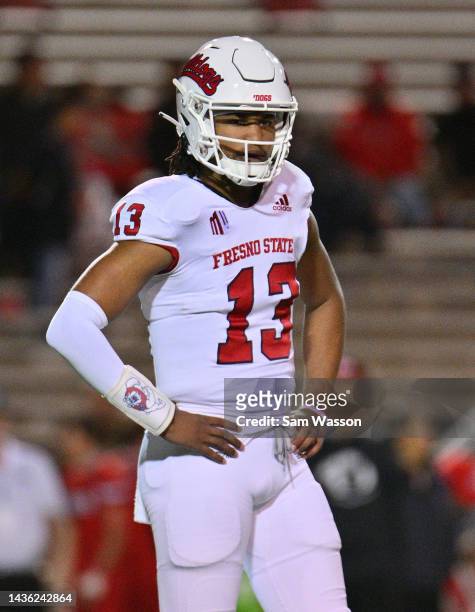 Quarterback Jaylen Henderson of the Fresno State Bulldogs looks to the sideline during the second half of their game against the New Mexico Lobos at...