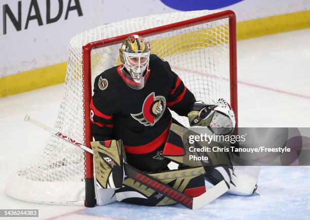 Magnus Hellberg of the Ottawa Senators warms up prior to a game against the Dallas Stars at Canadian Tire Centre on October 24, 2022 in Ottawa,...