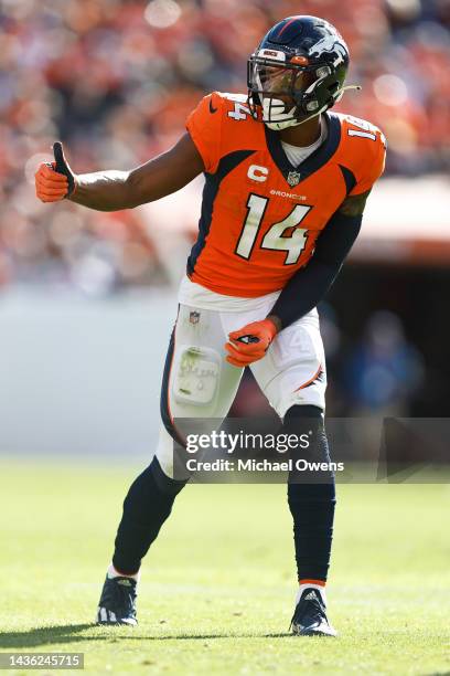 Courtland Sutton of the Denver Broncos signals as he lines up during an NFL football game between the Denver Broncos and the New York Jets at Empower...