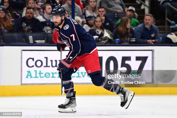 Sean Kuraly of the Columbus Blue Jackets skates against the Tampa Bay Lightning during the third period at Nationwide Arena on October 14, 2022 in...