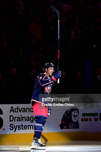 Zach Werenski of the Columbus Blue Jackets is introduced before a game against the Tampa Bay Lightning at Nationwide Arena on October 14, 2022 in...