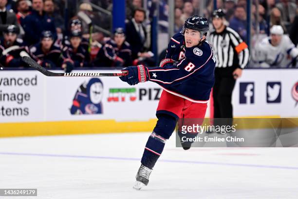 Zach Werenski of the Columbus Blue Jackets shoots the puck during the second period against the Tampa Bay Lightning at Nationwide Arena on October...