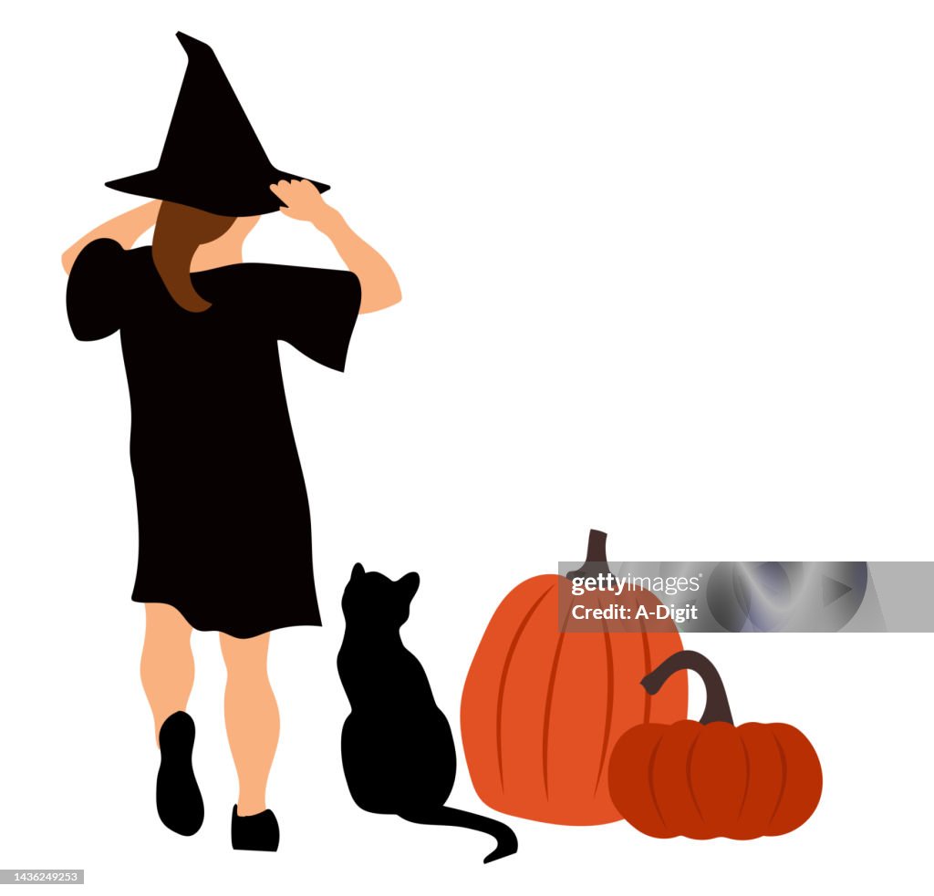 Little Witch With Cat And Pumpkins Classic Black