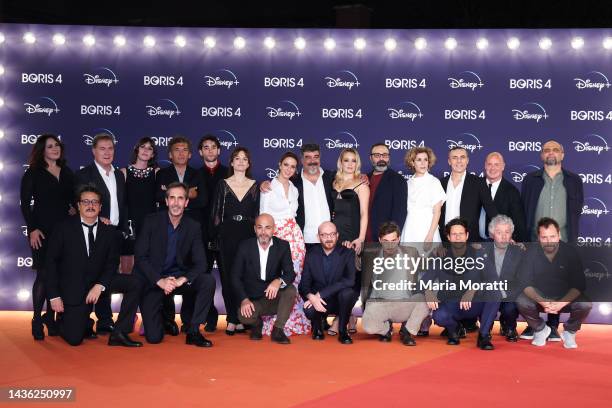 The Cast of "Boris 4" series poses on the red carpet at Auditorium Parco Della Musica on October 24, 2022 in Rome, Italy.