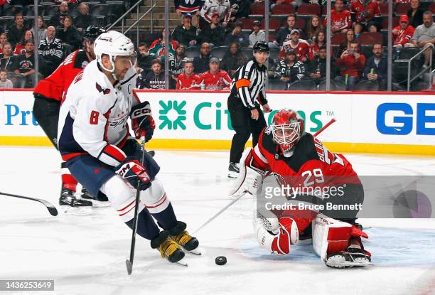 Mackenzie Blackwood of the New Jersey Devils makes the breakaway save on Alex Ovechkin of the Washington Capitals during the first period at the...