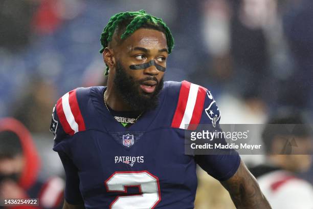 Jalen Mills of the New England Patriots looks on before the game against the Chicago Bears at Gillette Stadium on October 24, 2022 in Foxborough,...