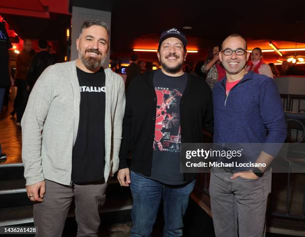 Brian Quinn, Sal Vulcano and James Murray attend the Paul Rudd's 9th Annual All-Star Bowling Benefit at Bowlero Chelsea Piers on October 24, 2022 in...