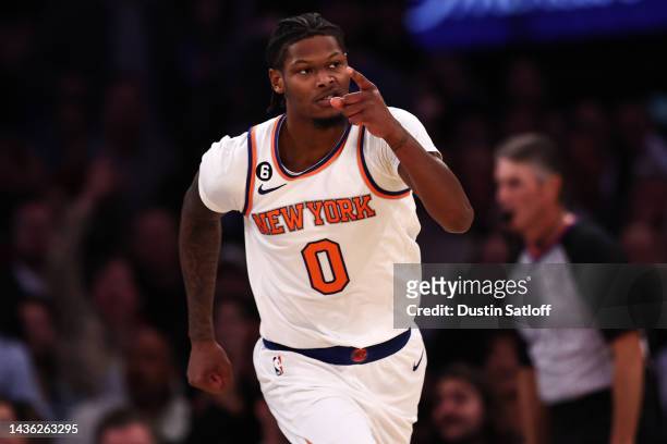 Cam Reddish of the New York Knicks reacts after making a basket during the first quarter of the game against the Orlando Magic at Madison Square...