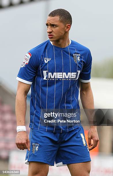 Lewis Montrose of Gillingham in action during the League Two match between Northampton Town and Gillingham at Sixfields Stadium on April 28, 2012 in...