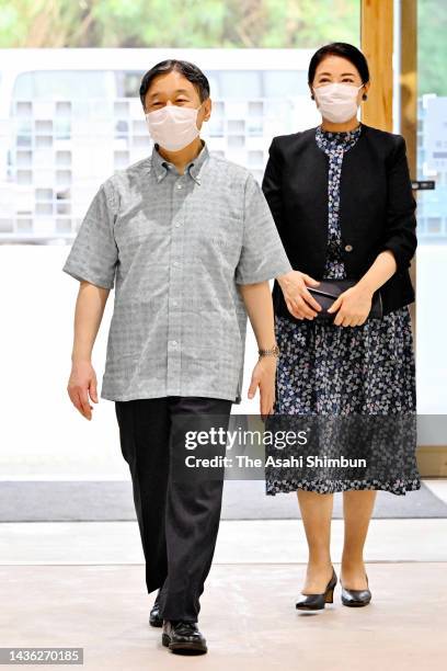 Emperor Naruhito and Empress Masako visit the Okinawa Craft Industry Promotion Center on October 23, 2022 in Tomigusuku, Okinawa, Japan.