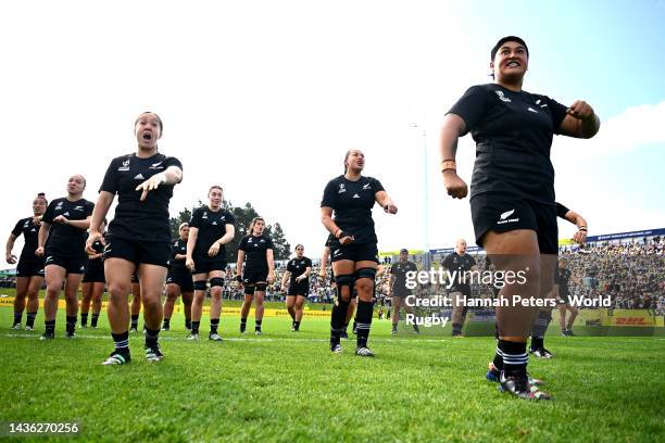 Krystal Murray of New Zealand performs the Haka ahead of the Pool A Rugby World Cup 2021 match between New Zealand and Scotland at Northland Events...