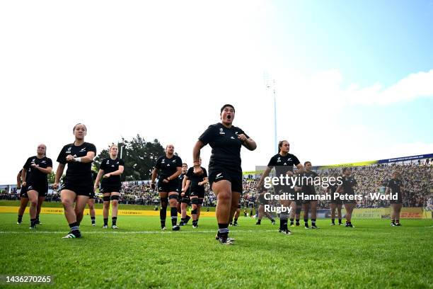 Krystal Murray of New Zealand performs the Haka ahead of the Pool A Rugby World Cup 2021 match between New Zealand and Scotland at Northland Events...