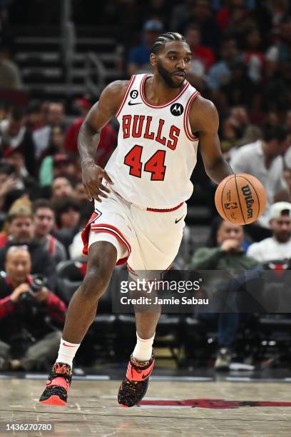 Patrick Williams of the Chicago Bulls controls the ball against the Cleveland Cavaliers on October 22, 2022 at the United Center in Chicago,...