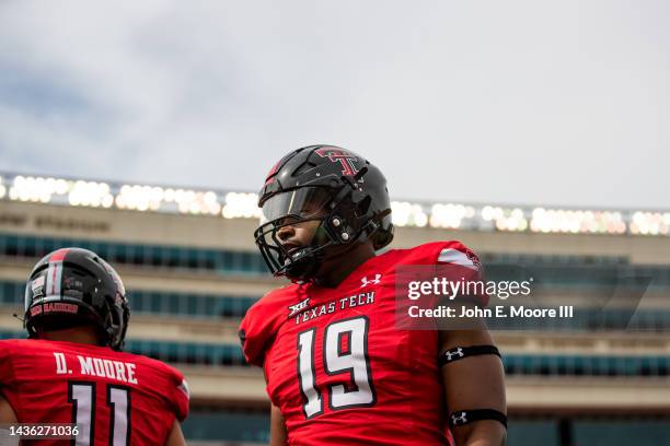 Linebacker Tyree Wilson of the Texas Tech Red Raiders warms up before the game against the West Virginia Mountaineers at Jones AT&T Stadium on...