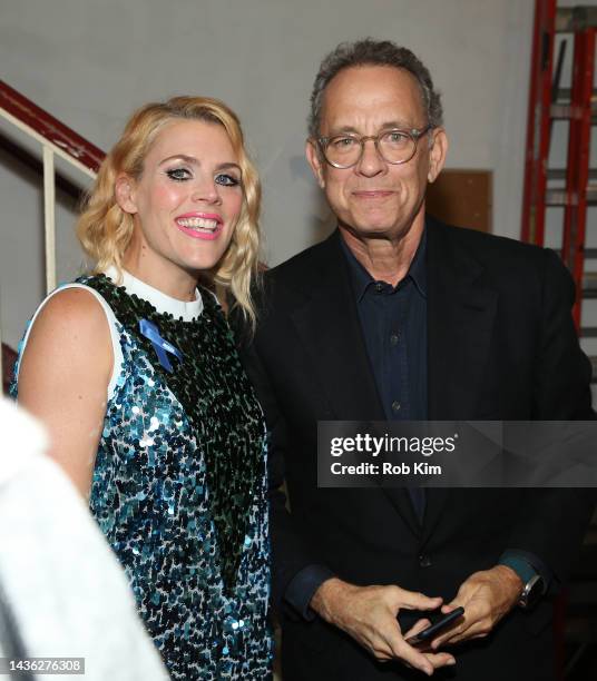 Busy Philipps and Tom Hanks backstage at ACLU & NYCLU 20th Annual Sing Out For Freedom Benefit Concert at Town Hall on October 24, 2022 in New York...