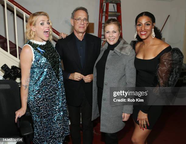 Busy Philipps, Tom Hanks, Rita Wilson and Sarah Jones backstage at ACLU & NYCLU 20th Annual Sing Out For Freedom Benefit Concert at Town Hall on...