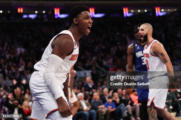 Barrett of the New York Knicks reacts after a dunk during the third quarter of the game against the Orlando Magic at Madison Square Garden on October...