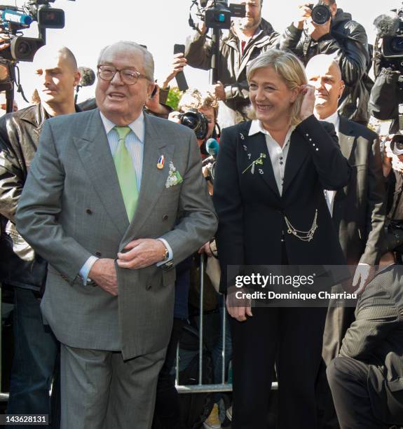 Marine Le Pen and her father Jean-Marie Le Pen attend the French Far Right Party May Day demonstration on May 1, 2012 in Paris, France. Marine Le...