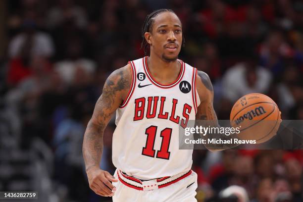 DeMar DeRozan of the Chicago Bulls dribbles up the court against the Boston Celtics during the second half at United Center on October 24, 2022 in...