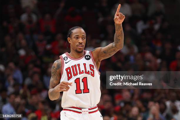 DeMar DeRozan of the Chicago Bulls celebrates a basket \a during the second half at United Center on October 24, 2022 in Chicago, Illinois. NOTE TO...