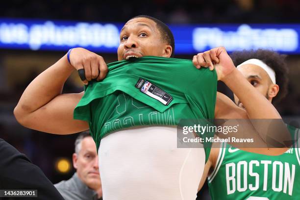 Grant Williams of the Boston Celtics reacts as he leaves the floor after being ejected from the game against the Chicago Bulls during the second half...