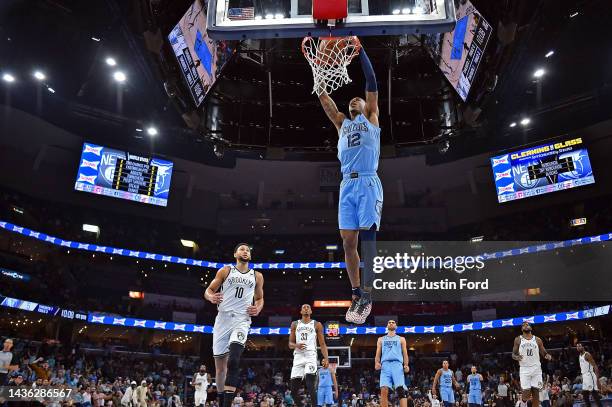 Ja Morant of the Memphis Grizzlies dunks during the game against the Brooklyn Nets at FedExForum on October 24, 2022 in Memphis, Tennessee. NOTE TO...