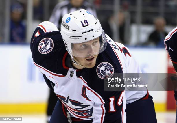 Gustav Nyquist of the Columbus Blue Jackets skates against the New York Rangers at Madison Square Garden on October 23, 2022 in New York City. The...