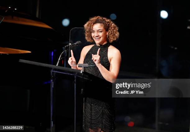 Laurie Hernandez speaks onstage during the 2022 Alzheimer's Association Imagine Benefit, built on the legacy of the Rita Hayworth Gala at Jazz at...
