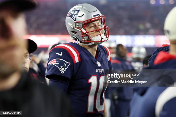 Mac Jones of the New England Patriots reacts on the sideline during the second half against the Chicago Bears at Gillette Stadium on October 24, 2022...