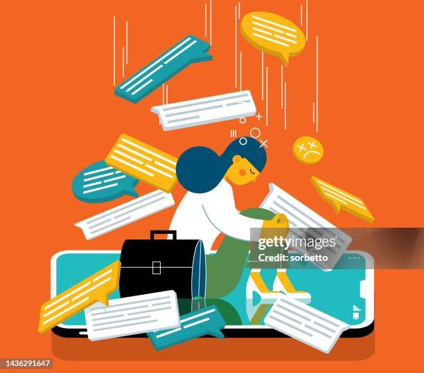 stockillustraties, clipart, cartoons en iconen met information overload - businesswoman - emotional stress