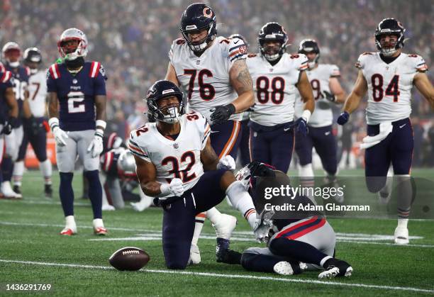 David Montgomery of the Chicago Bears reacts during the fourth quarter against the New England Patriots at Gillette Stadium on October 24, 2022 in...