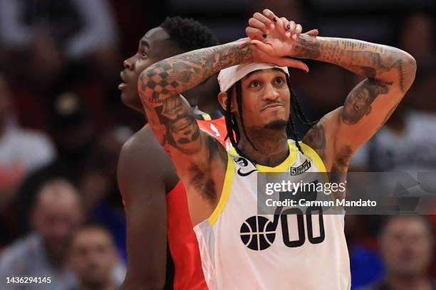 Jordan Clarkson of the Utah Jazz reacts during the second half against the Houston Rockets at Toyota Center on October 24, 2022 in Houston, Texas....