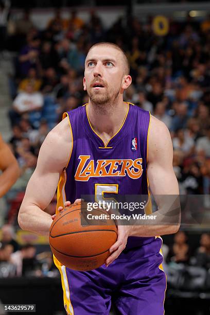 Steve Blake of the Los Angeles Lakers attempts a free throw shot against the Sacramento Kings on April 26, 2012 at Power Balance Pavilion in...