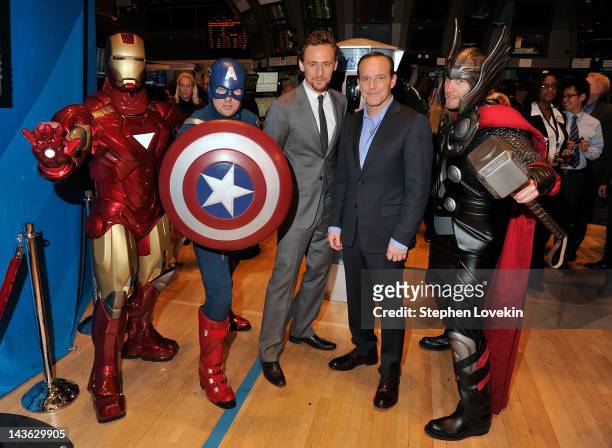 Actors Tom Hiddleston and Clark Gregg pose for a photo as part of a celebration of the release of Marvel Studios' "Marvel's The Avengers" after...