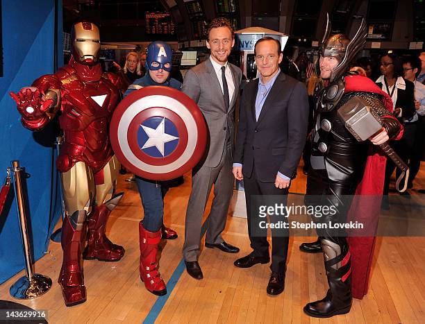 Actors Tom Hiddleston and Clark Gregg pose for a photo as part of a celebration of the release of Marvel Studios' "Marvel's The Avengers" after...