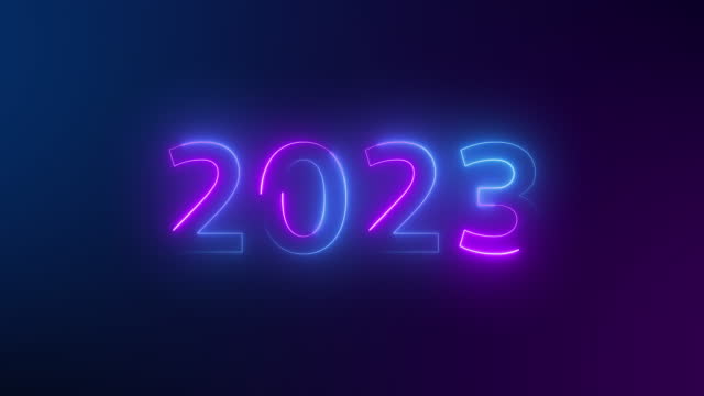 top ten countdown neon light bright glowing numbers from 10 to 1 seconds and HAPPY NEW YEAR 2023. Purple and blue Neon Countdown on dark background. Running dynamic light Numbers animated for intros