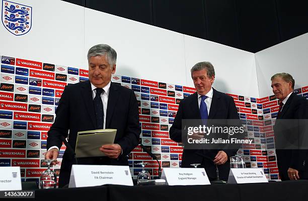 New England manager, Roy Hodgson arrives with David Bernstein and Sir Trevor Brooking at the press conference at Wembley Stadium on May 1, 2012 in...