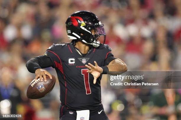 Quarterback Kyler Murray of the Arizona Cardinals throws a pass during the NFL game against the New Orleans Saints at State Farm Stadium on October...
