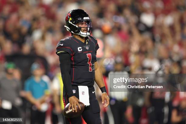 Quarterback Kyler Murray of the Arizona Cardinals during the NFL game against the New Orleans Saints at State Farm Stadium on October 20, 2022 in...