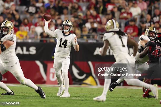 Quarterback Andy Dalton of the New Orleans Saints throws a pass during the NFL game at State Farm Stadium on October 20, 2022 in Glendale, Arizona....